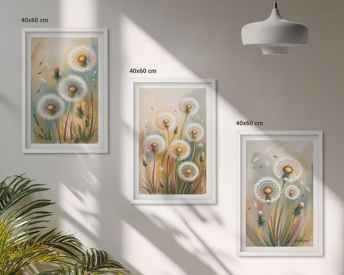 WANDBILDER 3er-Set - 40x60 cm Weißer Rahmen - Löwenzahnblüten, pastellfarbene Gräser - Weiß, Kunststoff (40/60cm) - ArtPrintCave