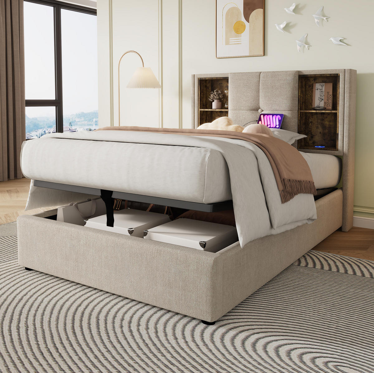 BETT mit Stauraum und Ladestation 90x200 cm Leinen Natural - Beige, Metall (90/200cm) - Meubliv