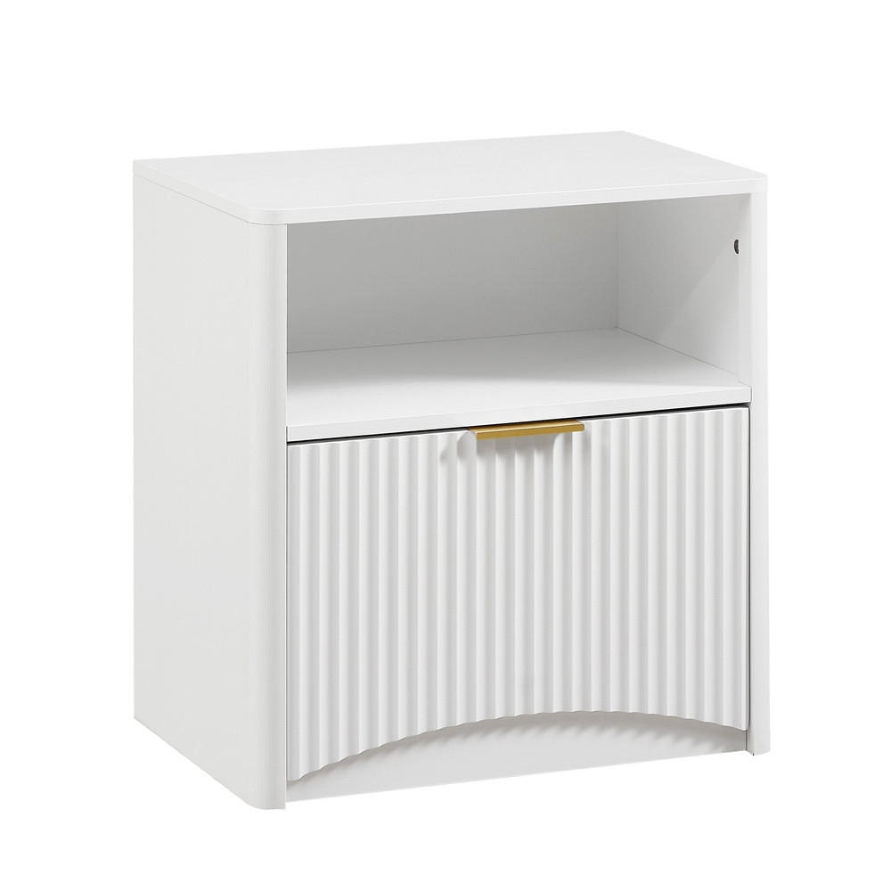 NACHTTISCH 58x38x60 cm mit Schublade & Offenem Fach - mit Geriffelter Front & Goldenem Griff - Weiß - Weiß, Holzwerkstoff (58/60/38cm) - DELFA