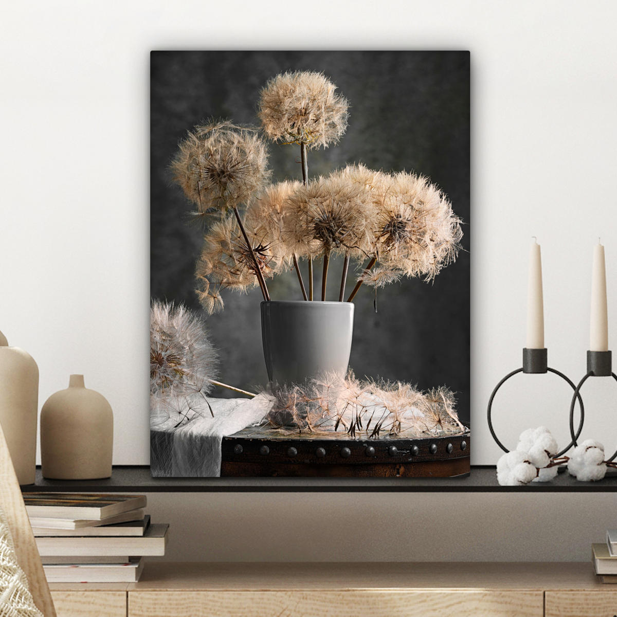 LEINWANDBILD Blumensamen - Löwenzahn - Vase - Stilleben - Blumenstrauß Room Decor 30x40 cm - Dunkelgrau, Textil (30/40cm) - MuchoWow