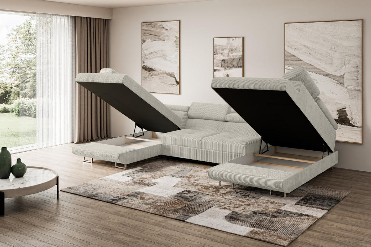 WOHNLANDSCHAFT mit Schlaffunktion und Bettkasten GUSA-U 342x202x107 cm Hellgrau Cord - Silberfarben/Hellgrau, Holzwerkstoff/Textil (342/107/202cm) - ALTDECOR