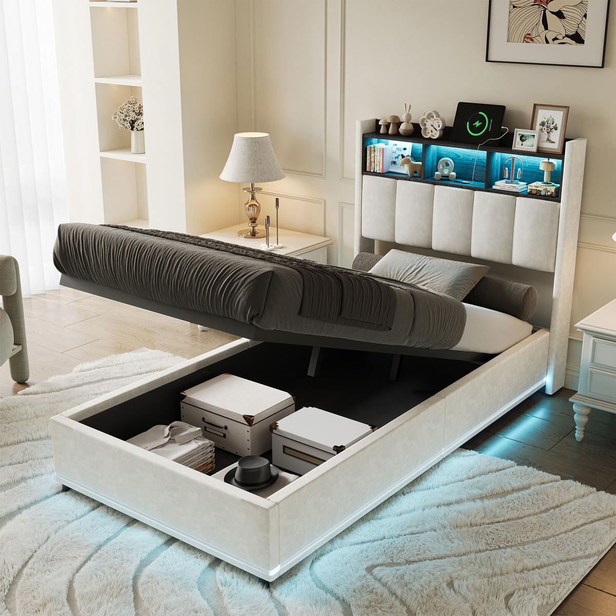 POLSTERBETT 90/200 cm Weiß mit hydraulischem Stauraum, LED-Kopfteil mit Ablage und USB-Anschluss - Weiß, Metall (90/200cm) - EuroLiving