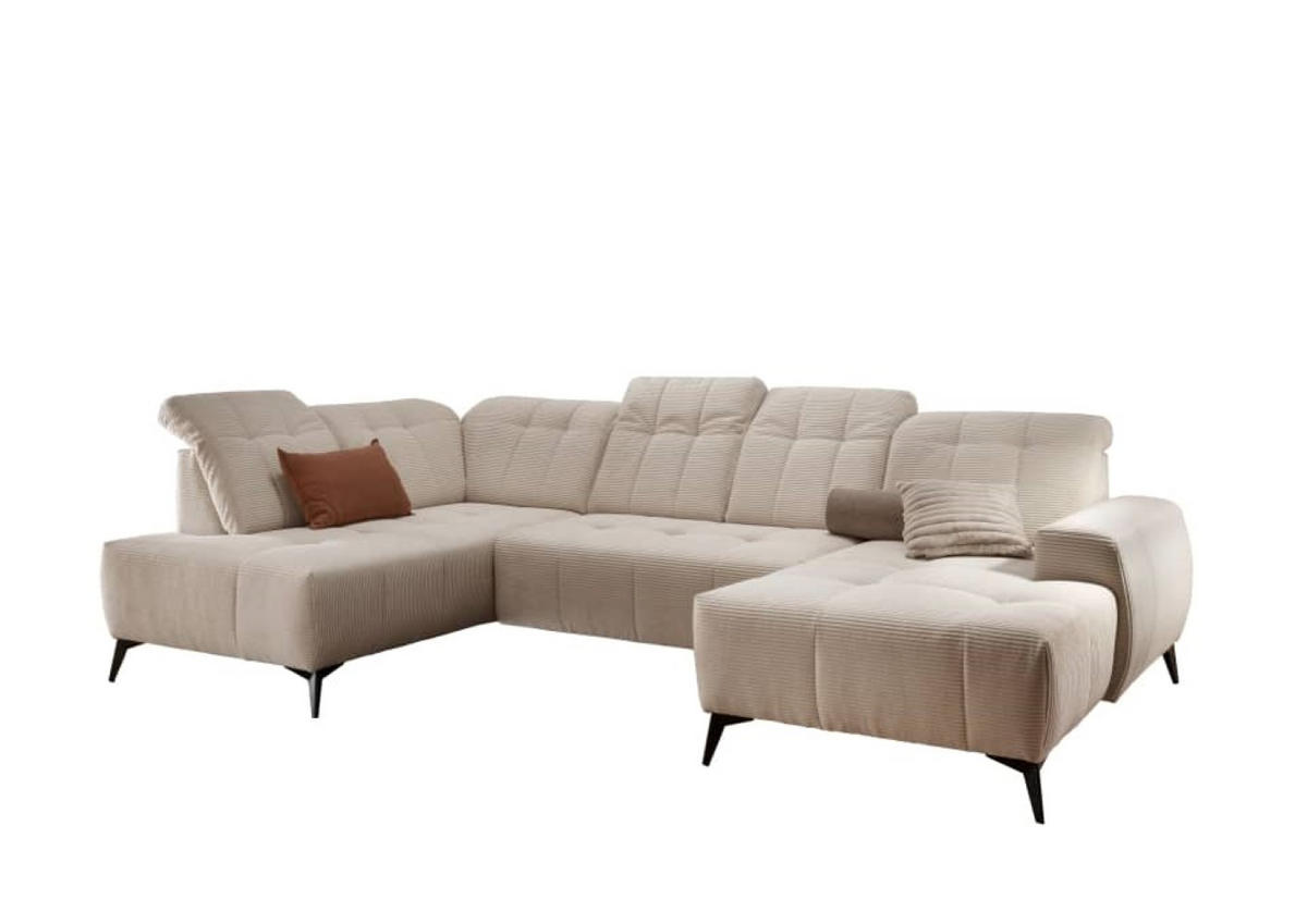 WOHNLANDSCHAFT mit elektrisch verstellbare Relaxfunktion, Cord-Stoff - Beige/Schwarz, Textil/Metall (337/104/200cm) - myHomelando