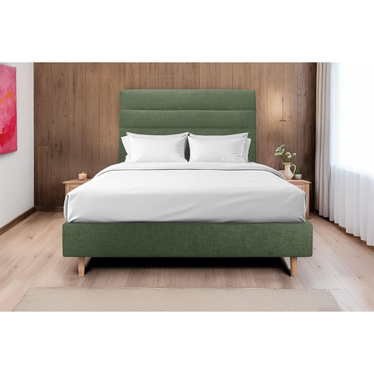 KOPFTEIL Modell Linien – Khakigrüner Stoff 180 cm - Beige/Olivgrün, Karton/Holz (180/120/10cm) - Sommeil de Plomb