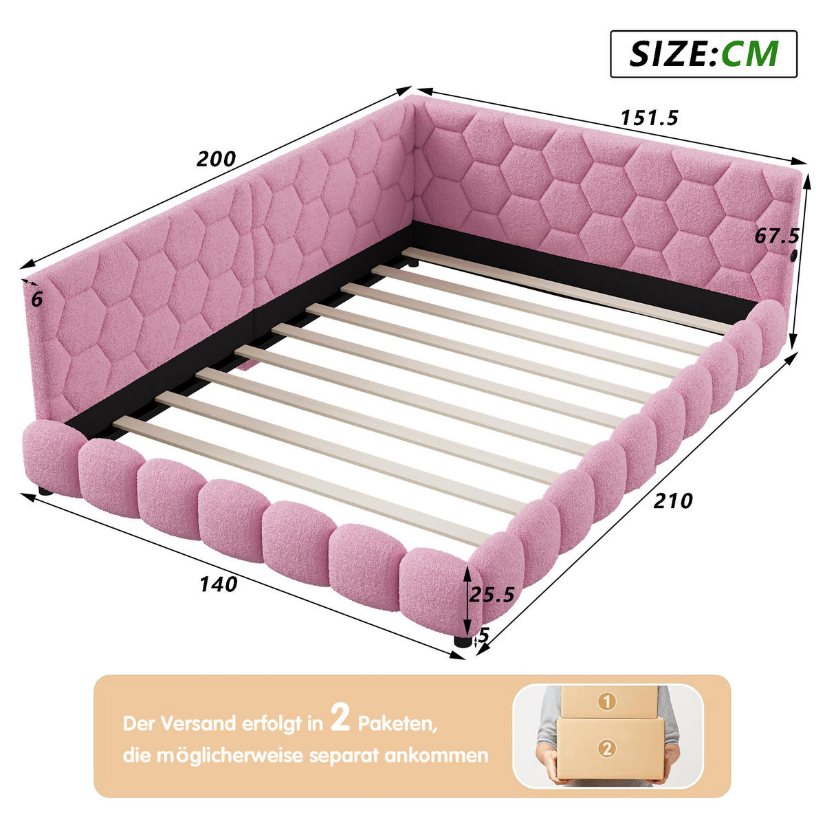 SCHLAFSOFA 140/200 cm rosa mit LED und USB - Rosa, Holz