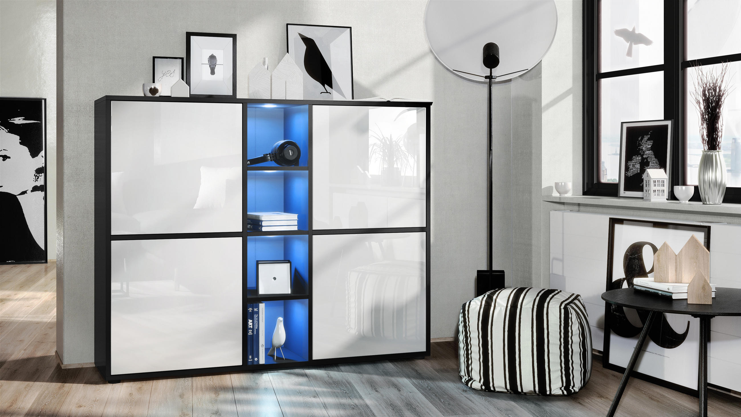 Thumbnail - Vladon Highboard, Weiß Hochglanz, Holzwerkstoff, 130.5x105.5x35.5 cm, Wohnzimmer, Kommoden & Sideboards, Highboards