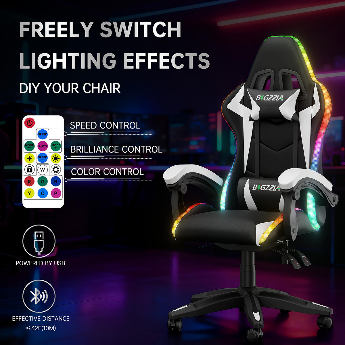 GAMINGSTUHL Schwarz-Weiß Racing Ergonomisch mit LED-Licht - Weiß, Leder (29/59/79cm) - Rattrix