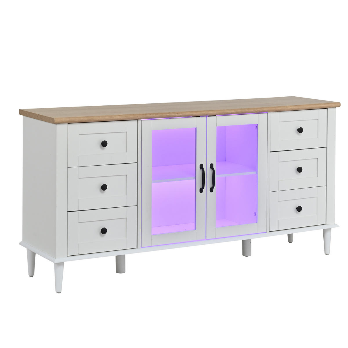 PŘÍBORNÍK z MDF 150x40x75 cm bílý v dekoru dřeva s LED osvětlením, 6 zásuvkami a 2 akrylovými dvířky - bílá, kompozitní dřevo (150/75/40cm) - Modfu