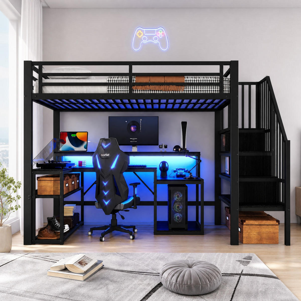 HOCHBETT 90/200 mit LED Schreibtisch USB und Stauraumtreppe in Schwarz - Schwarz, Holzwerkstoff/Metall (90/200cm) - EVRYAE