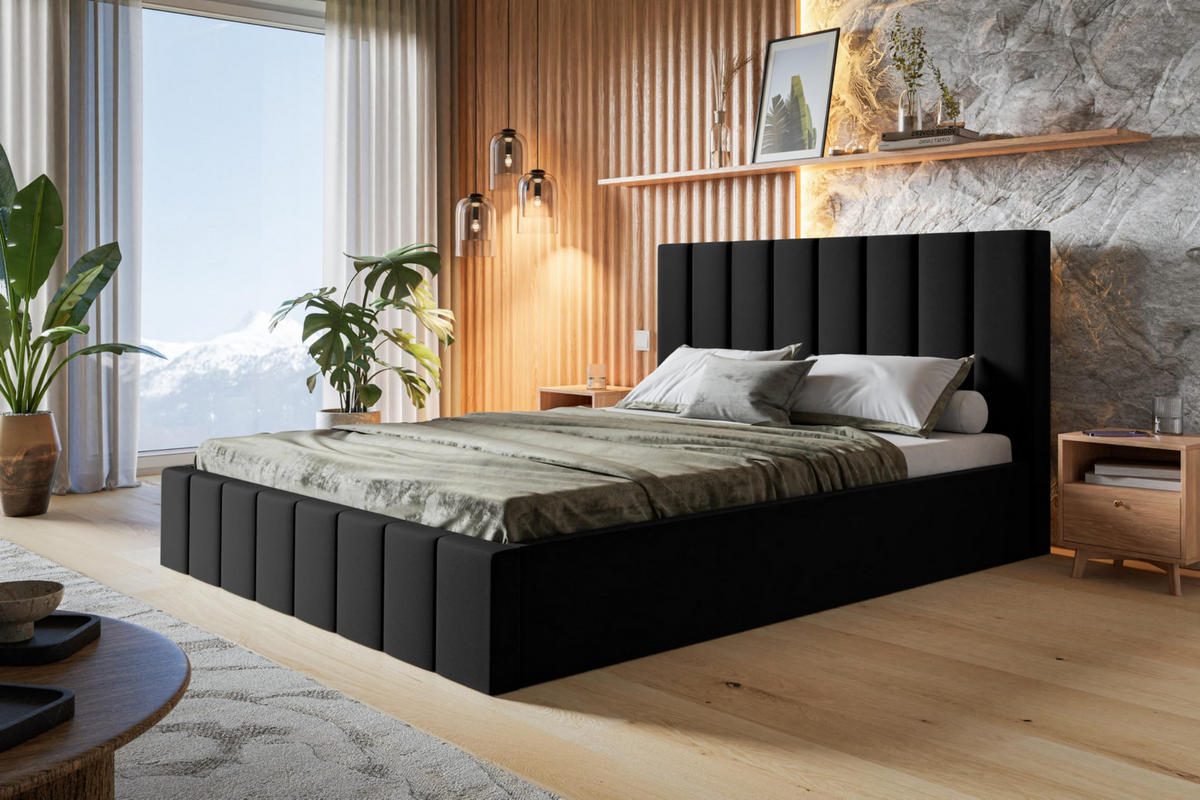 BETT 90x200 - Polsterbett mit Bettkasten und Holzrahmen - Modern Betten - Weicher Jasminstoff - Kollektion Toledo - Schwarz - Schwarz, Holz/Textil (90/200cm) - Alpi-Möbel