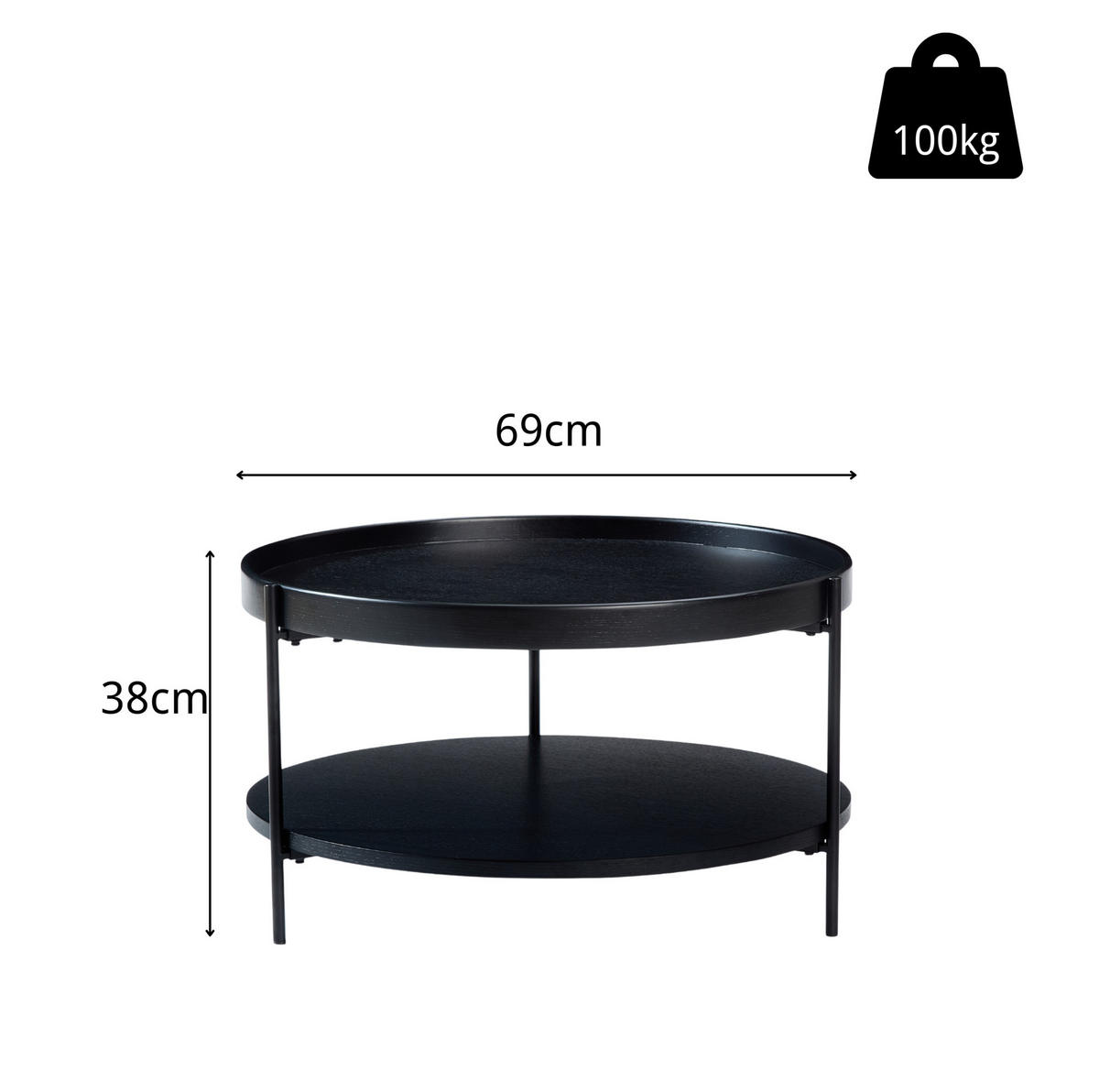 COUCHTISCH 69/69/38 cm schwarz aus Massivholz und MDF mit 2 Ebenen - Schwarz, Holzwerkstoff (69/69/38cm) - OKMYHOME