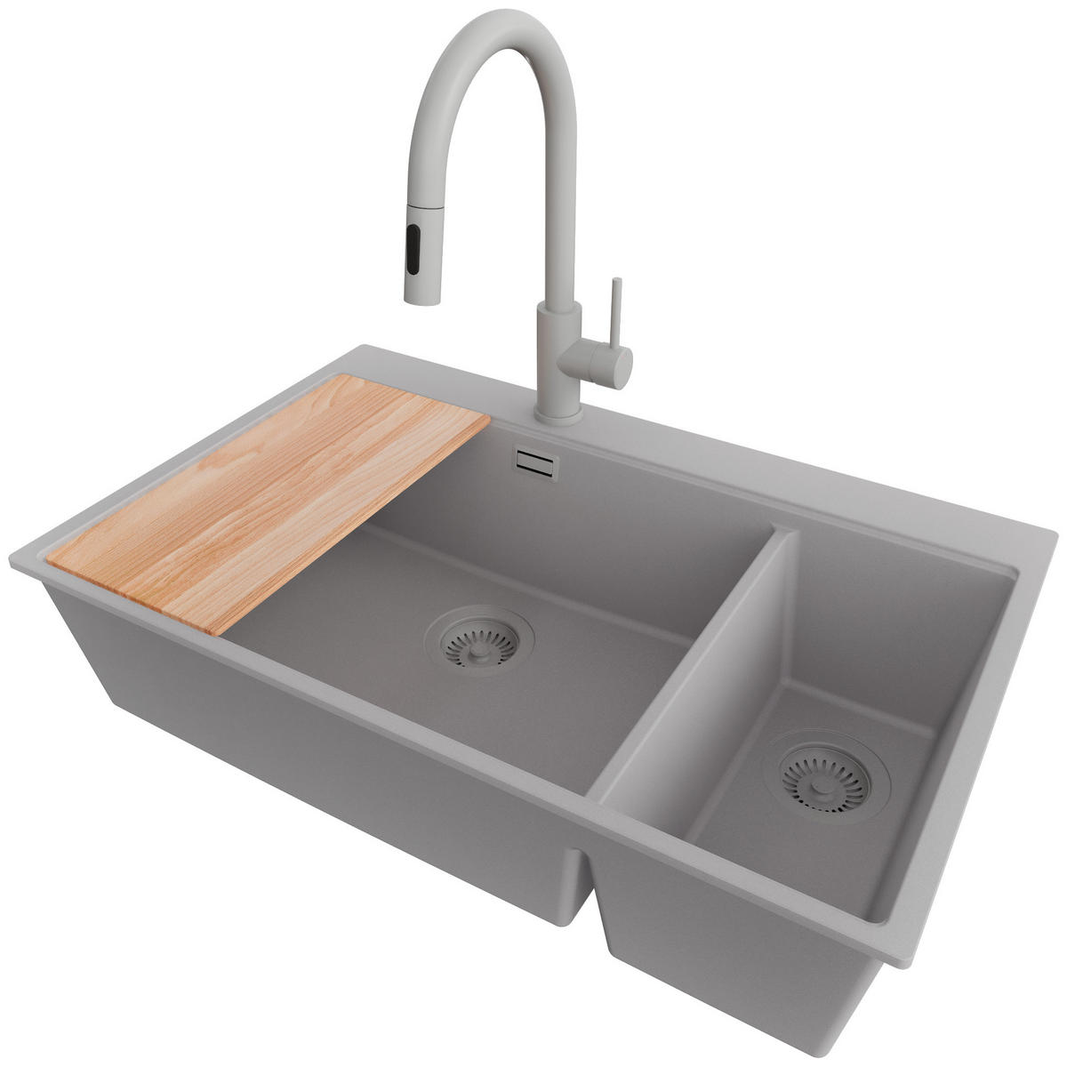 GRANITSPÜLE Oslo Duo, 2-er set Grau 78/50 cm 2 Becken + Küchenarmatur 40/20 cm + Ablauf-Set + Schneidebrett ab 80er Unterschrank - Beige/Grau, Kunststoff (78/20/50cm) - Primagran