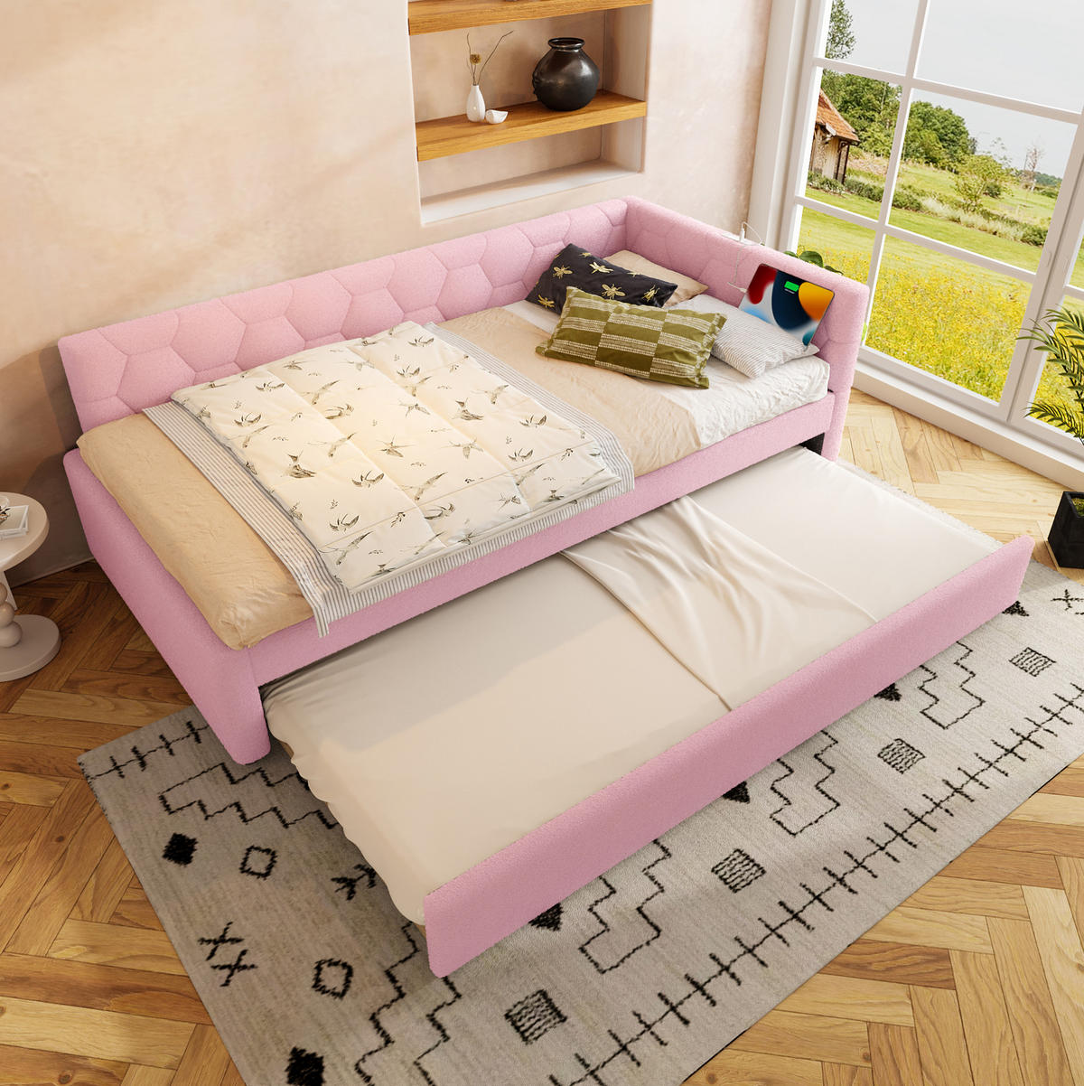 POLSTERBETT 90/200 cm mit Ausziehbett, USB-C und Nachttischlampe in Rosa - Rosa, Textil (90/200cm) - BEAOK
