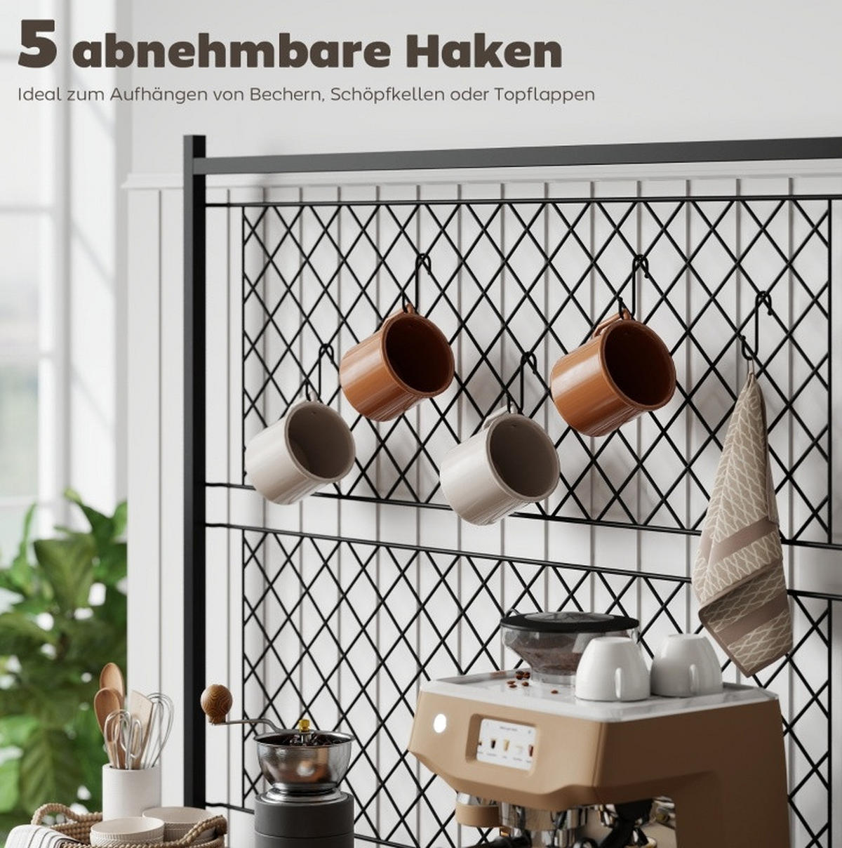 BUFFET aus Holz und Metall 96,5/38/165 cm Braun-Schwarz mit Arbeitsfläche, Weinregal und 5 Haken - Braun, Holzwerkstoff (96.5/165/38cm) - Modfu