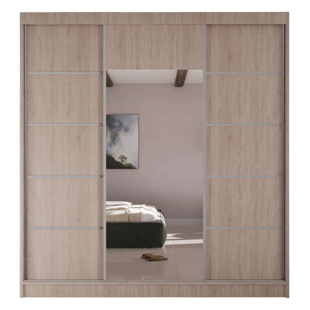 SCHWEBETÜRENSCHRANK Moni mit Spiegel und Zierleisten, 215x200x61cm, eiche Sonoma+Silber - Silberfarben/Sonoma Eiche, Holzwerkstoff (200/215/61cm) - AN-Moebel 4u