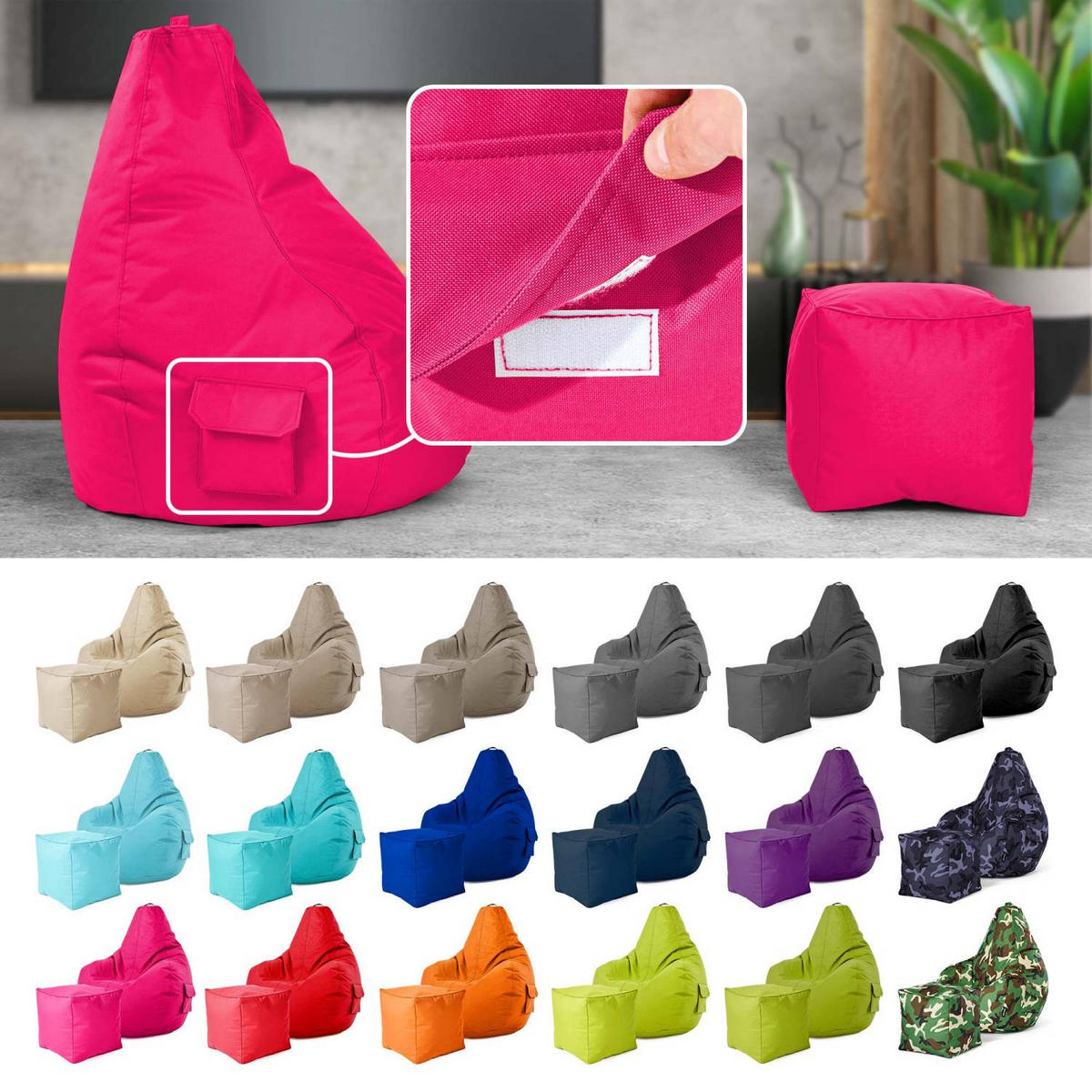 SITZSACK + Hocker "Cozy+Cube" 2er Set - Pink, Textil (70/90/80cm) - Green Bean