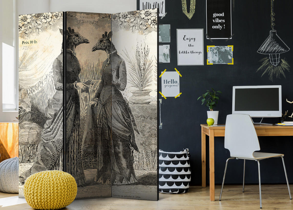 PARAVENT Einseitig Bedruckter 3-tlg 135x172 cm Abstrakten Giraffen Vintage - Grau, Holz/Textil (135/172/3cm) - Muralo