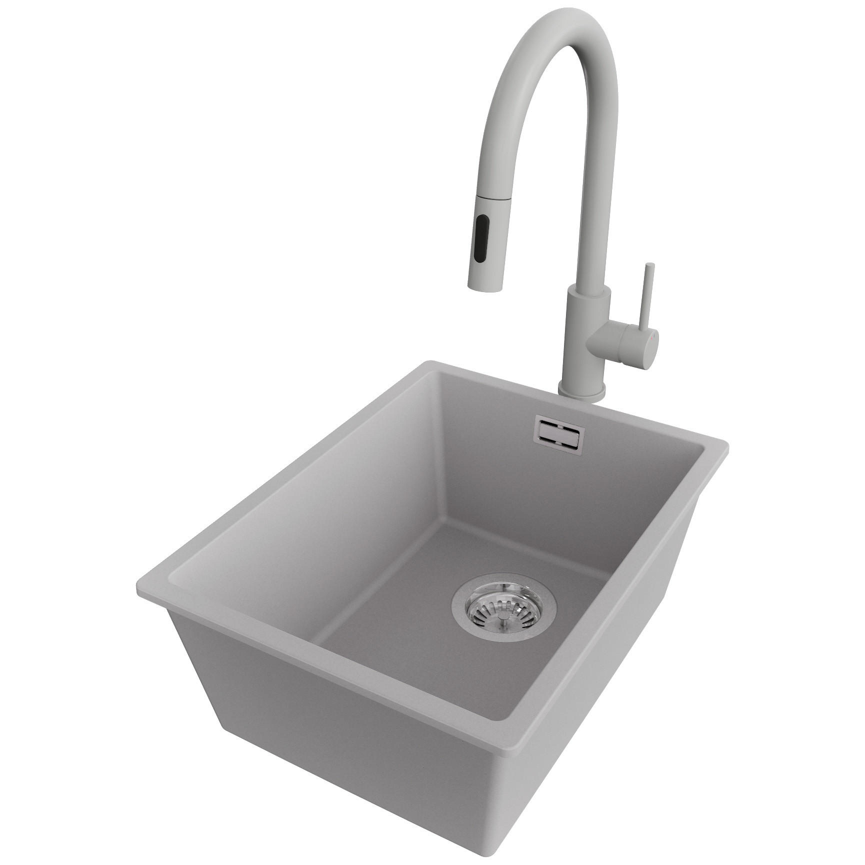 GRANITSPÜLE London Slim, 2-er set Grau 36/47 cm 1 Becken + Küchenarmatur 40/20 cm + Ablauf-Set ab 40er Unterschrank - Chromfarben/Grau, Kunststoff (36/20/47cm) - Primagran