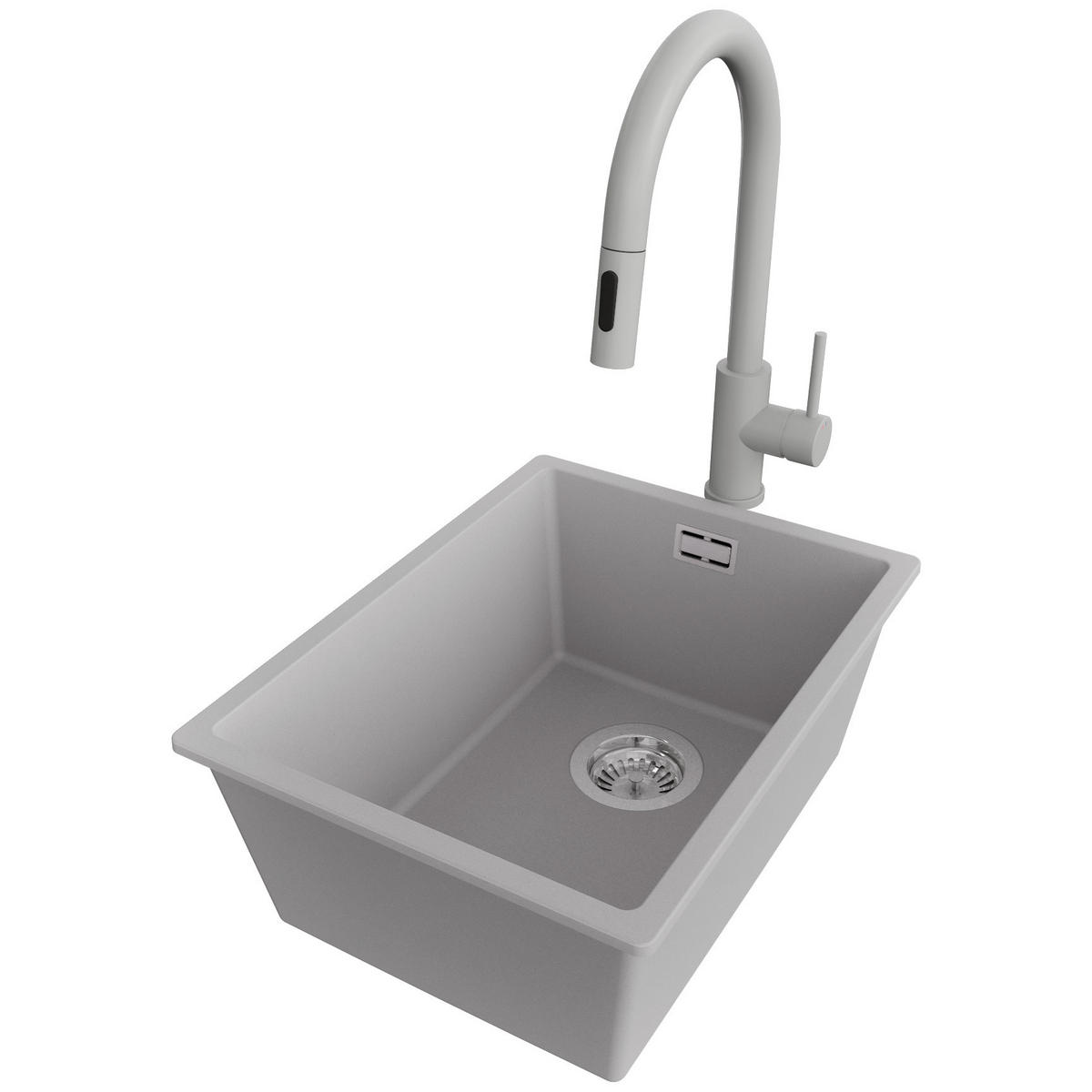 GRANITSPÜLE London Slim, 2-er set Grau 36/47 cm 1 Becken + Küchenarmatur 40/20 cm + Ablauf-Set ab 40er Unterschrank - Chromfarben/Grau, Kunststoff (36/20/47cm) - Primagran