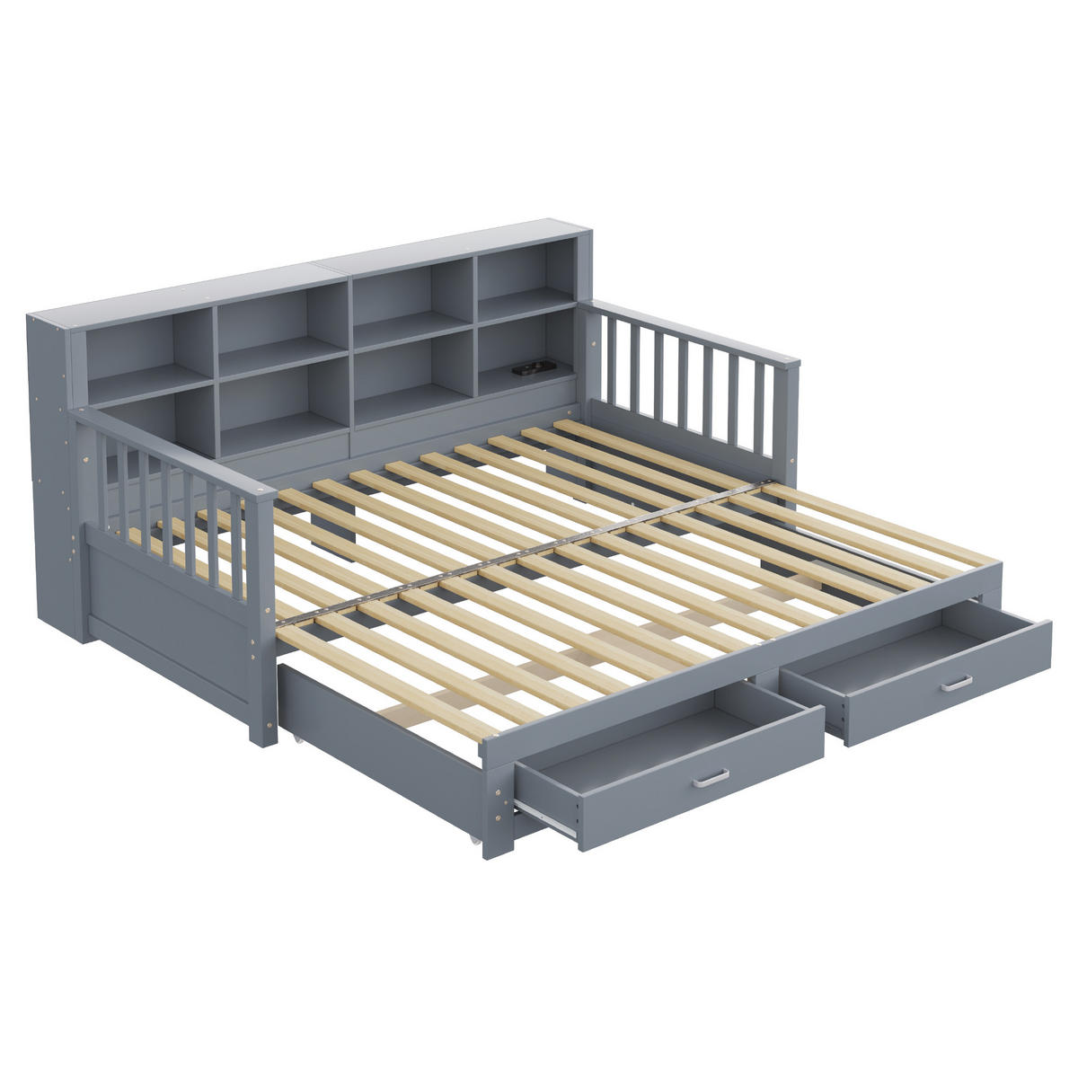 MULTIFUNKTIONSBETT 90/190 cm grau aus Holz mit Ausziehfunktion und Steckdose - Grau, Holzwerkstoff (90/190cm) - OKWISH