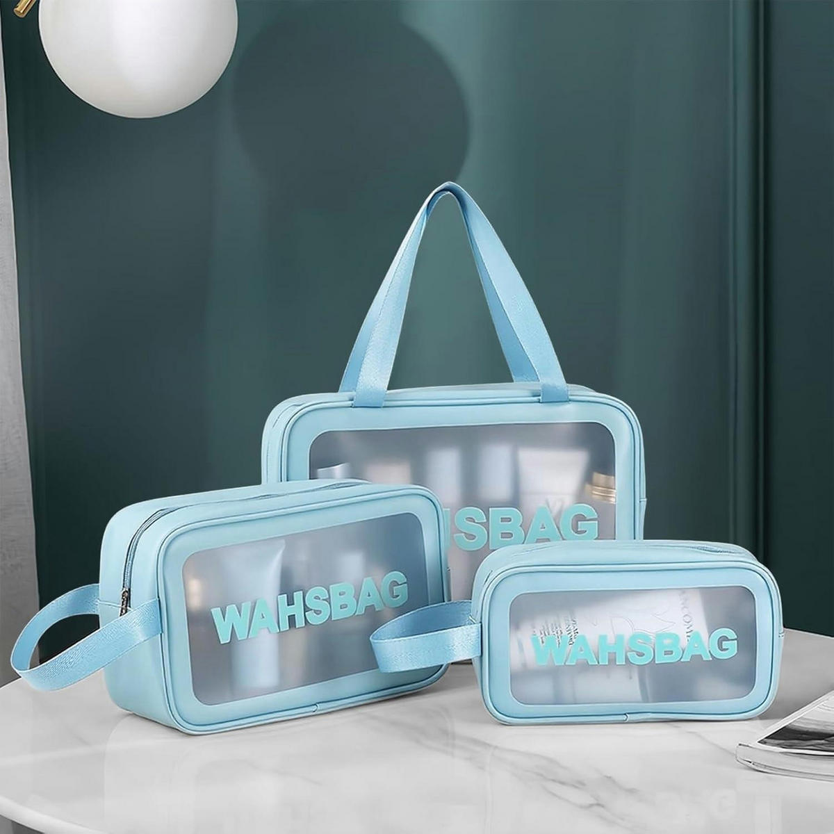 KULTURBEUTEL Set 3-teilig Transparent Blau - Blau, Kunststoff (10/21/30cm)
