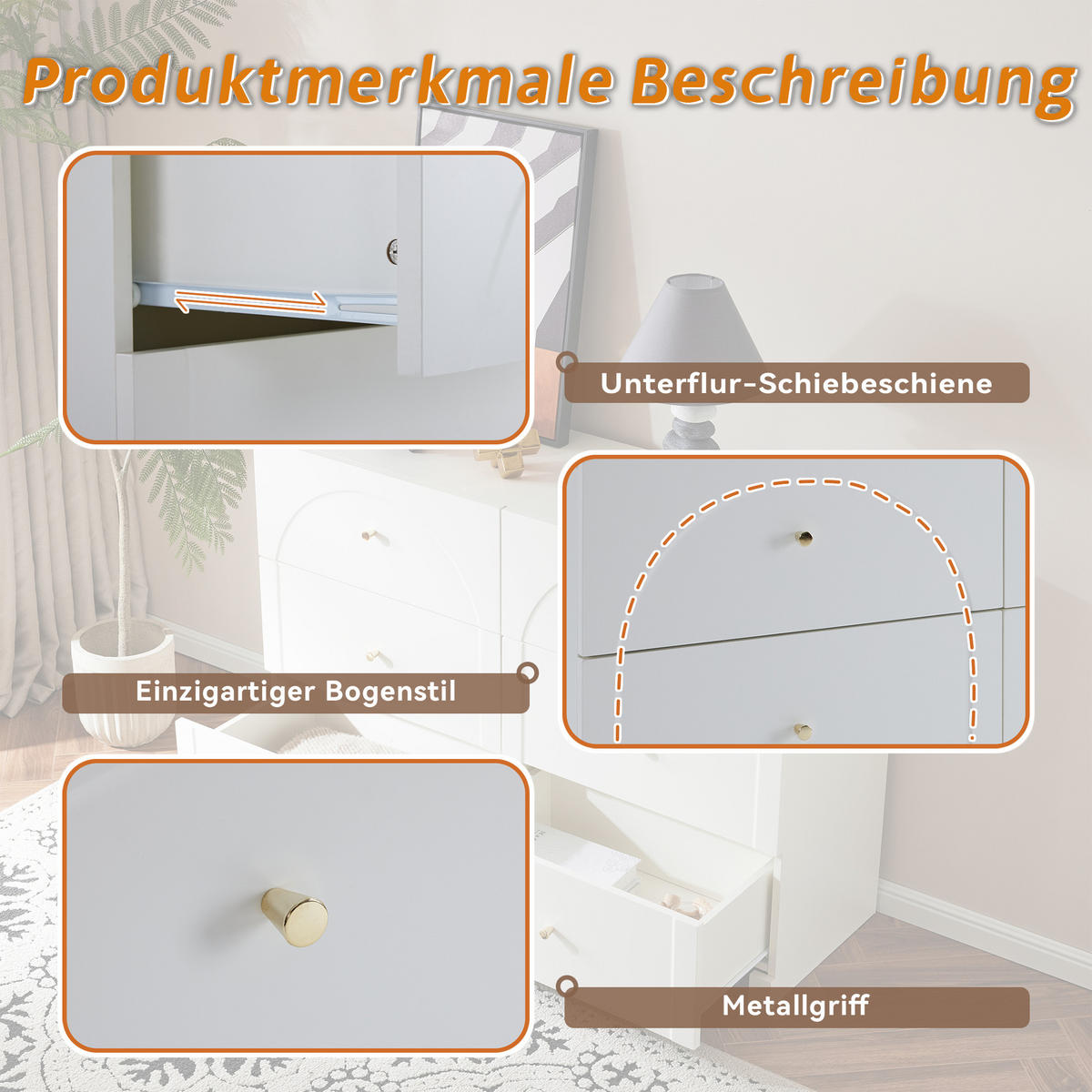 SIDEBOARD in Weiß Kommode mit 6 Schubladen Türkommode Stauraum für Wohnzimmer Schlafzimmer Flur ,B120/T40/H82cm - Weiß, Holzwerkstoff/Metall (120/82/40cm) - STILVORA