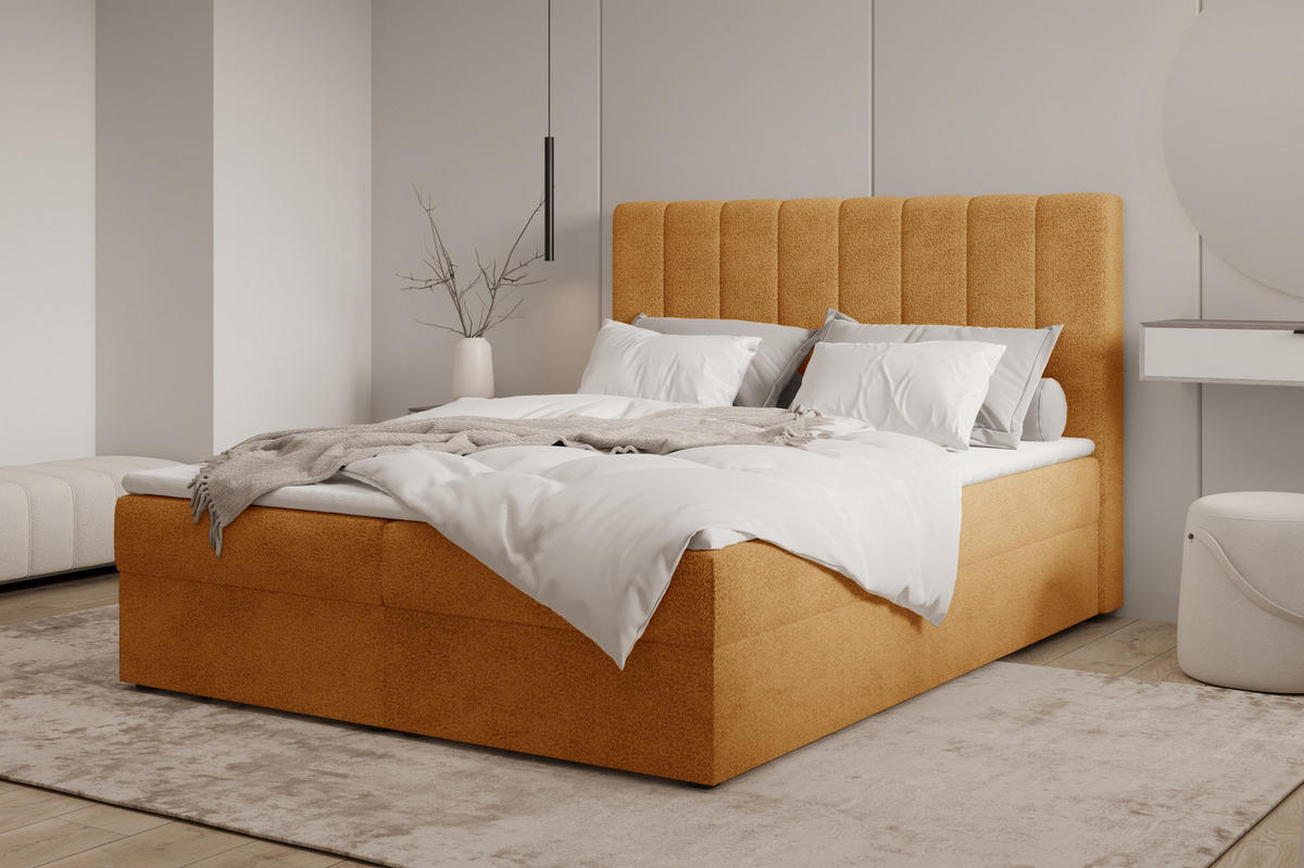 BOXBETT 01 160 x 200 cm - Arena – Stilvoll und bequem Mit Bettkasten, PU-Topper, Federmechanismus, waschbarer Bezug - Goldfarben, Holz (160/200cm) - ROYAL24_MARKT