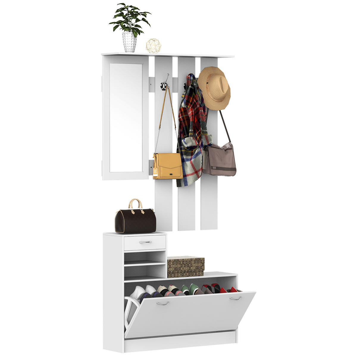 GARDEROBE DE-16826 3-in-1 mit Spiegel & 6 Haken Weiß - Weiß, Holzwerkstoff (22/116/90cm) - ComfortXL