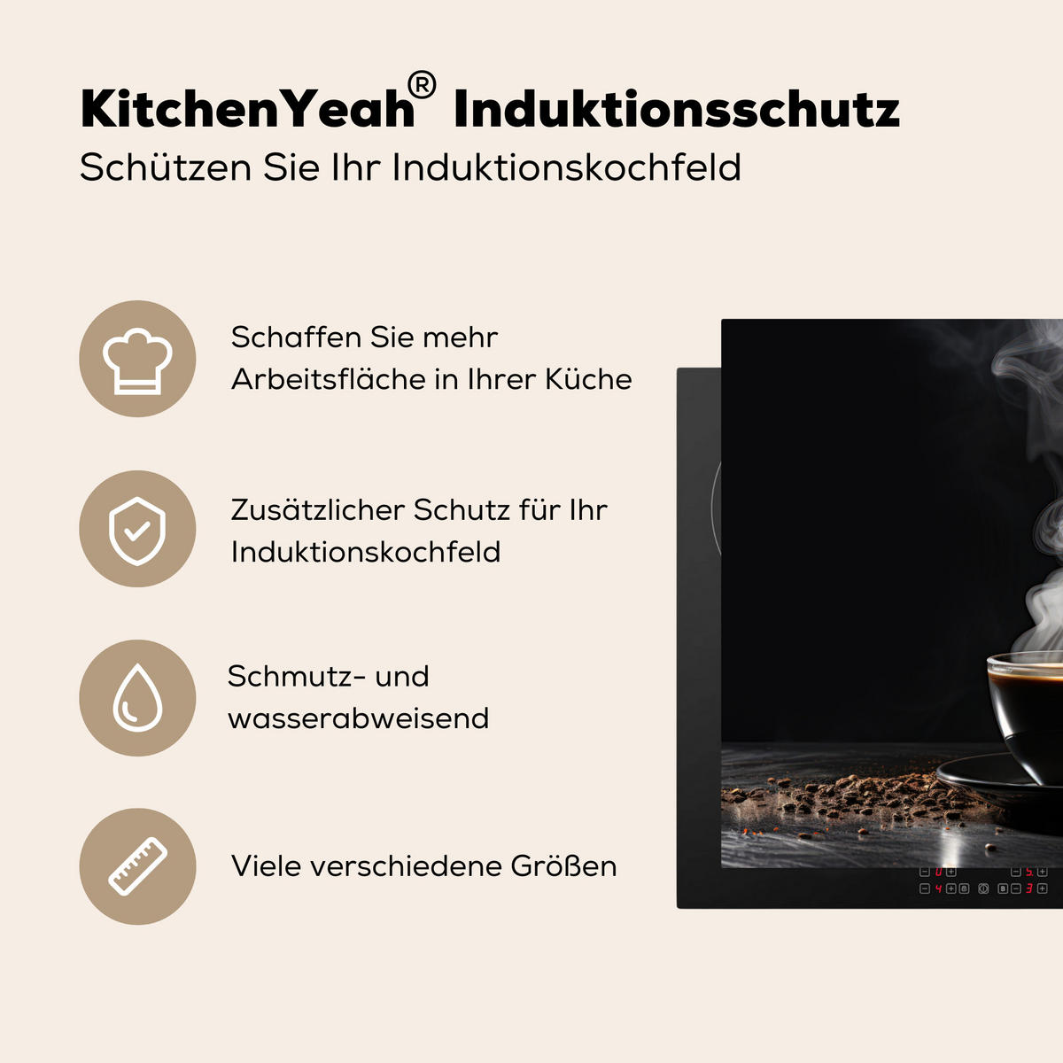 HERDABDECKPLATTE Kaffee - Schwarz - Bohnen - Heiß - Tasse Herdabdeckung Induktionsfeld 70x52 cm - Schwarz, Kunststoff (70/52/0.2cm) - MuchoWow