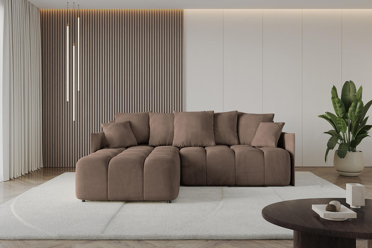 ECKSOFA mit Schlaffunktion und Bettkasten LONLI-L 242x175x88 Braun Velours - Braun, Holzwerkstoff/Kunststoff (242/175cm) - ALTDECOR