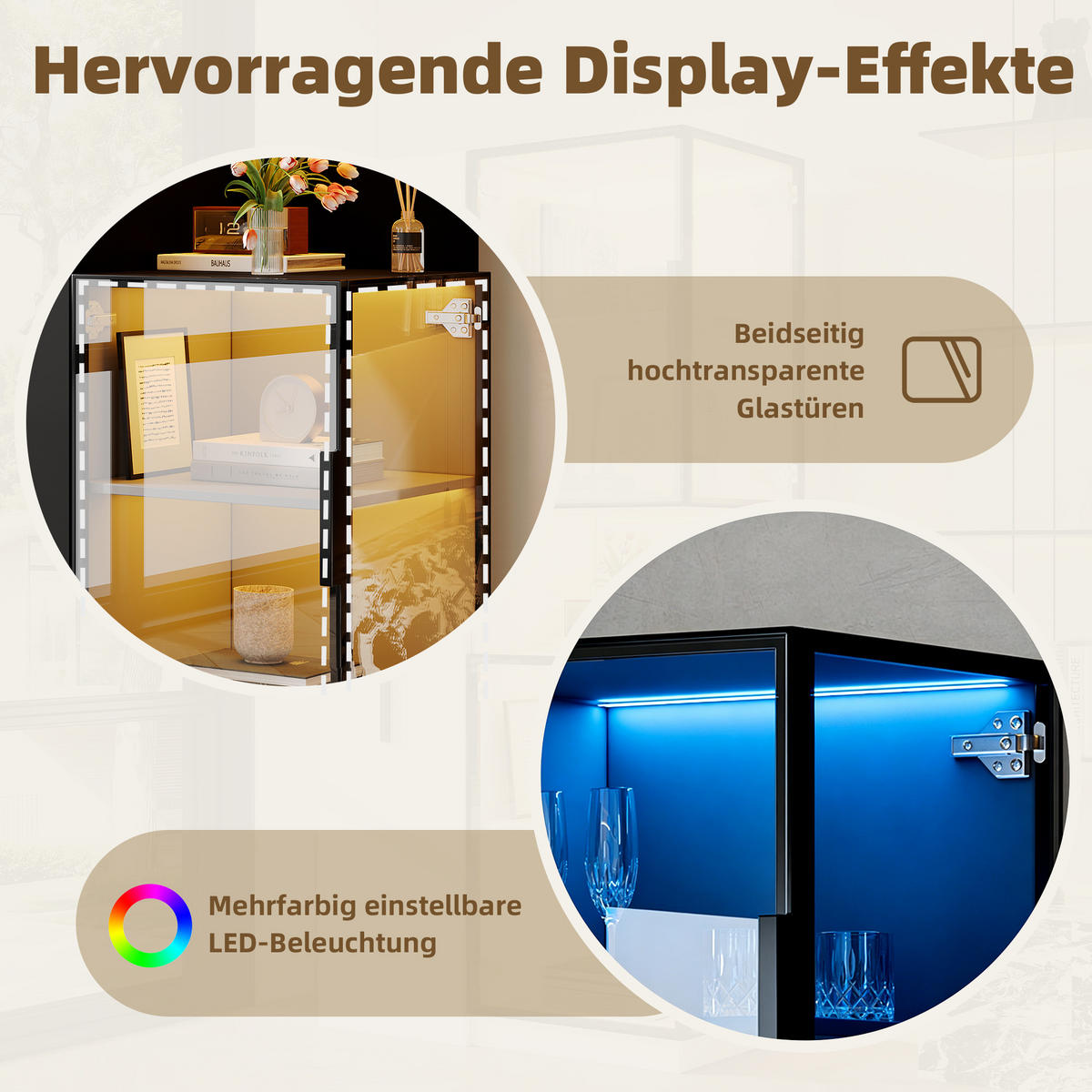 VITRINE LED Glasvitrine Ausziehregal Hochschrank 160cm Weiß - Schwarz, Glas (70/160/38cm) - FLIEKS