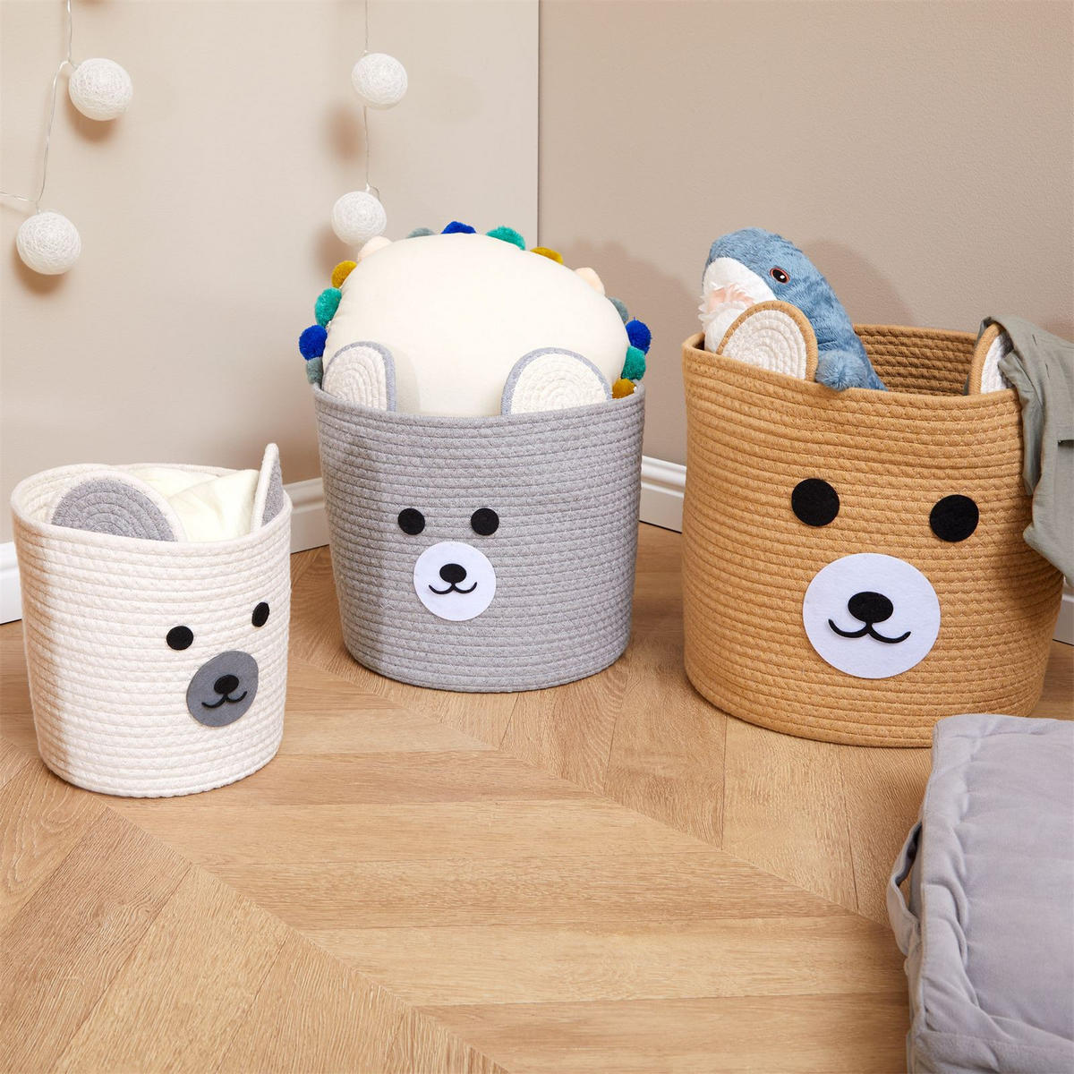 KINDERZIMMER AUFBEWAHRUNGSKÖRBE TANKA 3er Set weiß/grau - Weiß/Grau, Textil (33/30/33cm) - IDIMEX