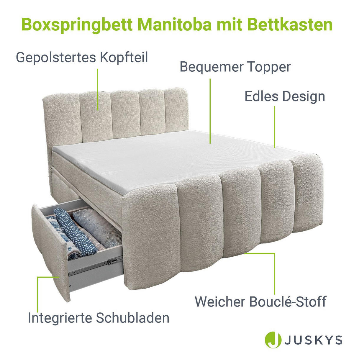 BOXBETT Manitoba 180/200 cm Bouclé Beige mit Bettkasten - Beige, Textil (180/200cm) - Juskys