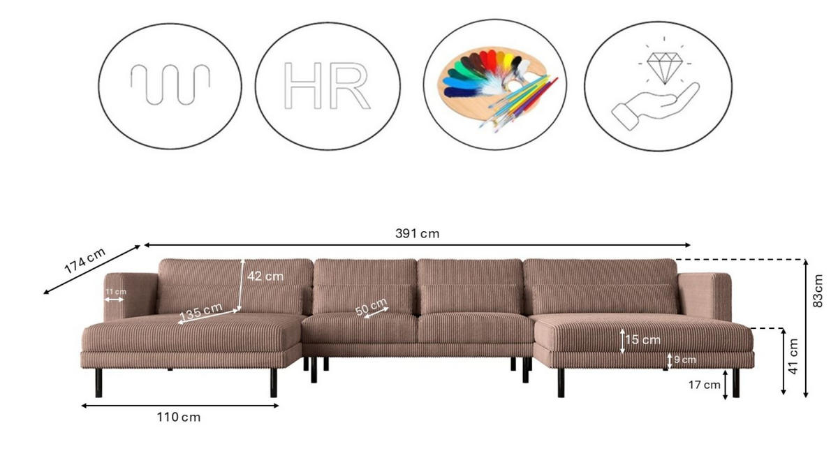 ECKSOFA DANI In U-Form Stilvolles Stoff Poso Rosa - Rosa, Holz/Textil (174/391cm) - Kaiser Möbel