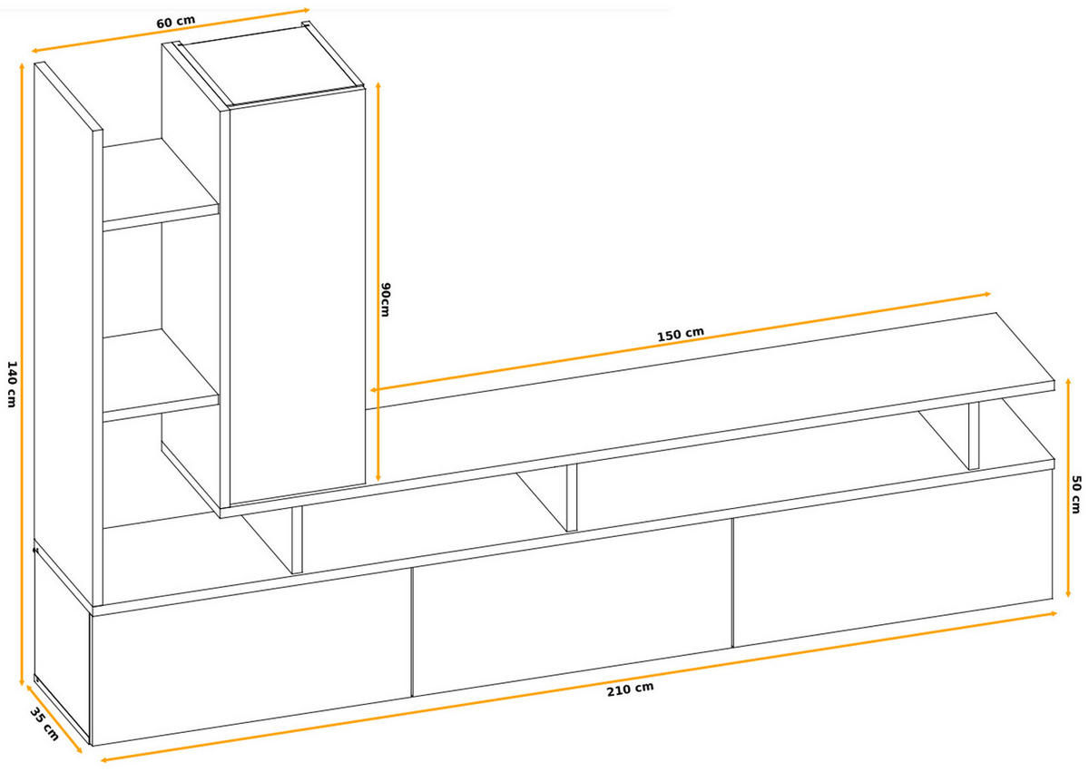 WOHNWAND Graphit Eiche, Kaschmir 210 cm hängend, Schrankwand mit Push-to-Open - Kaschmir/Grau, Holzwerkstoff (210/140/35cm) - Inn.Furn