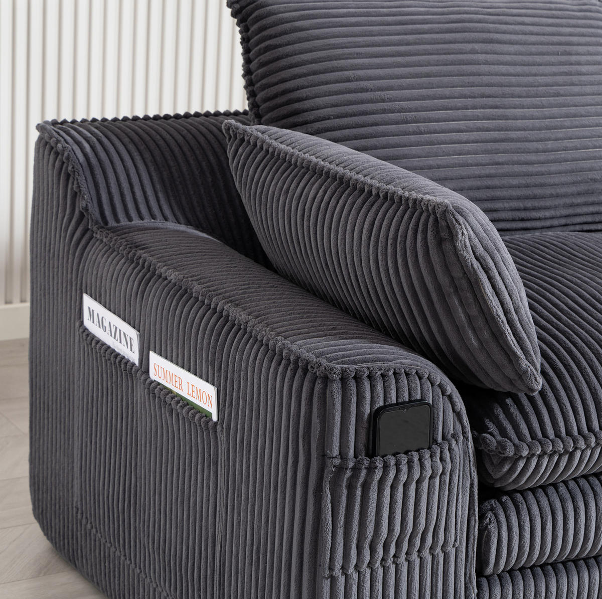 2-SITZER Sofa aus Cord 191x94x85 cm Dunkelgrau mit Seitentaschen, Kissen und Federkern - Dunkelgrau, Textil (191/85/94cm) - Modfu
