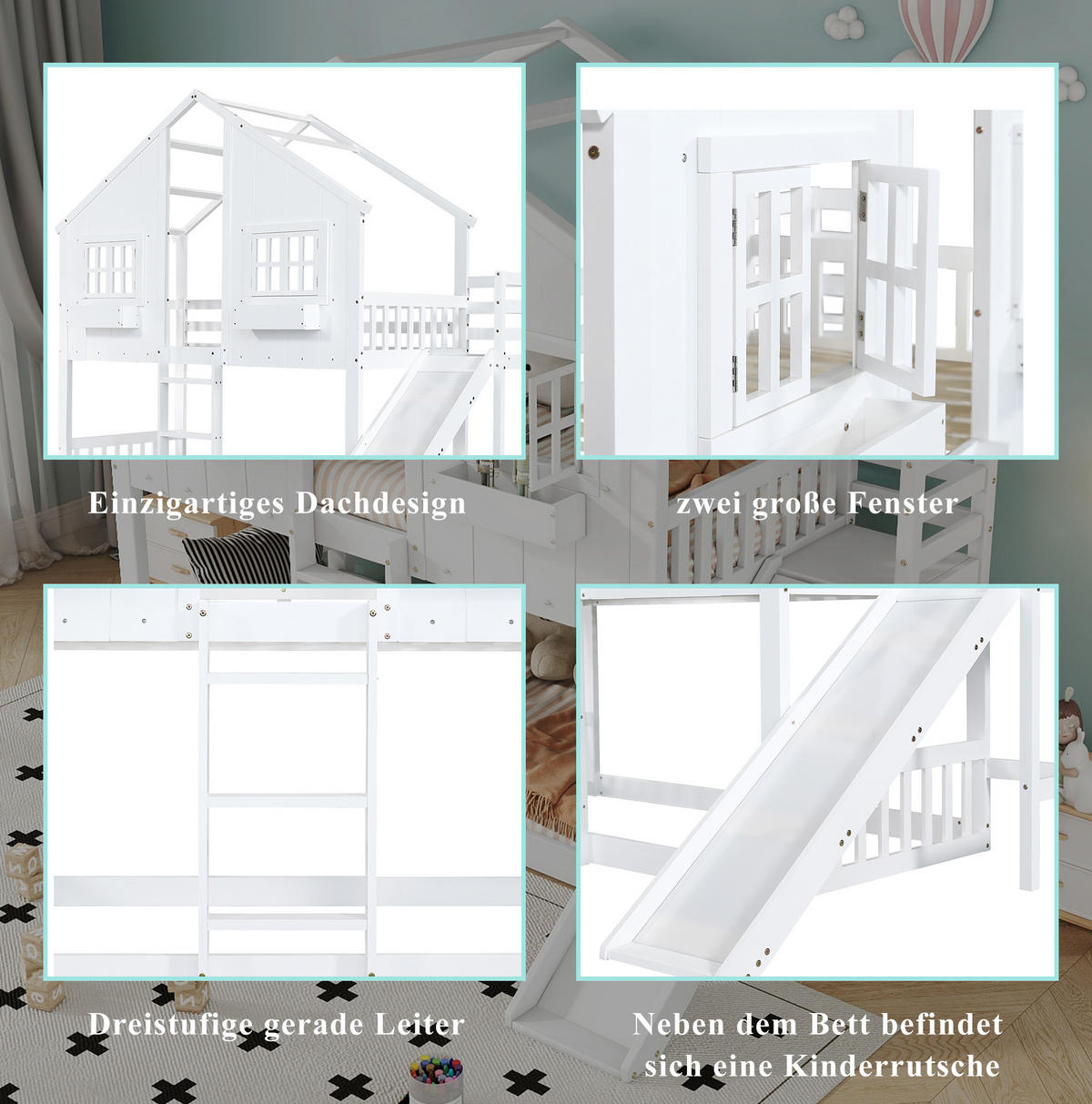 ETAGENBETT 90/200 cm mit Rutsche, Dach, Fenstern und Fallschutz, Kiefer/MDF, Weiß/Natur - Weiß, Holz (90/200cm) - Redom