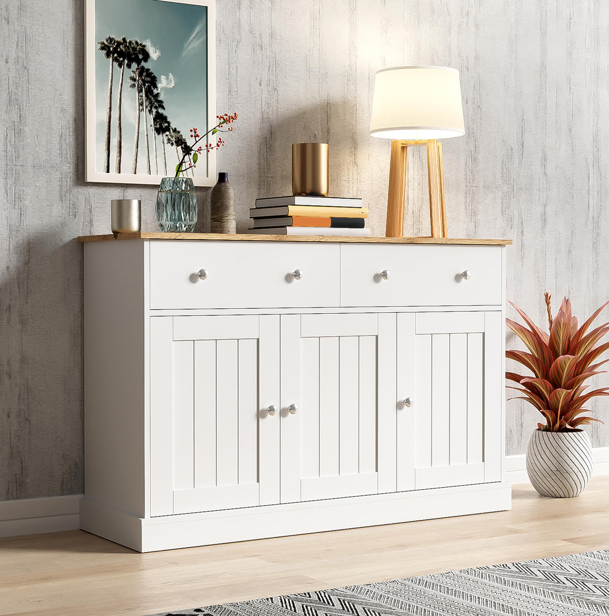 SIDEBOARD mit 3 Türen und 2 Schubladen, geprägte Front, 120/36/80,5 cm, Weiß und Holzoptik - Weiß, Holzwerkstoff (10/80.5/36cm) - Redom