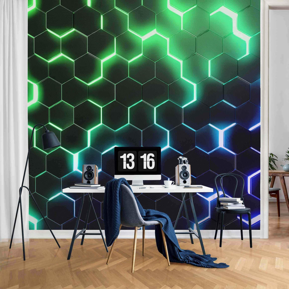 FOTOTAPETE Strukturierte Hexagone mit Neonlicht in Grün und Blau 288/288 cm - Schwarz, Papier (288/288cm) - Bilderwelten