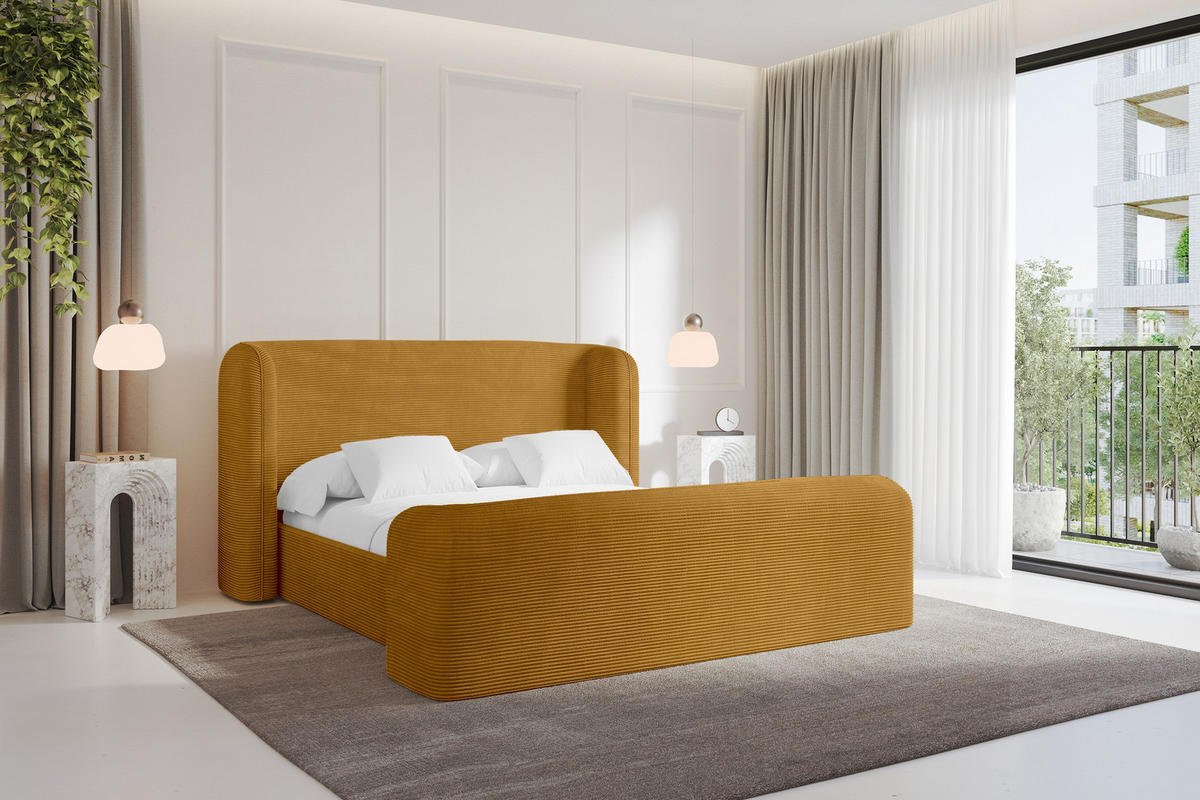 POLSTERBETT mit Bettkasten, Fußteil und Lattenrost, Boxbett ohne Matratze - ESTI-Z 160x200 Senfgelb - Currygelb, Holzwerkstoff/Textil (160/200cm) - ALTDECOR