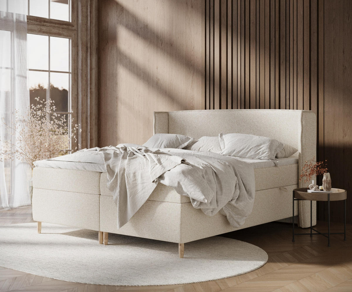BOXSPRINGBETT Segni Creme 160/200 cm mit Matratze und Topper - Creme/Naturfarben, Holz/Holzwerkstoff (160/200cm) - Maison de Reve