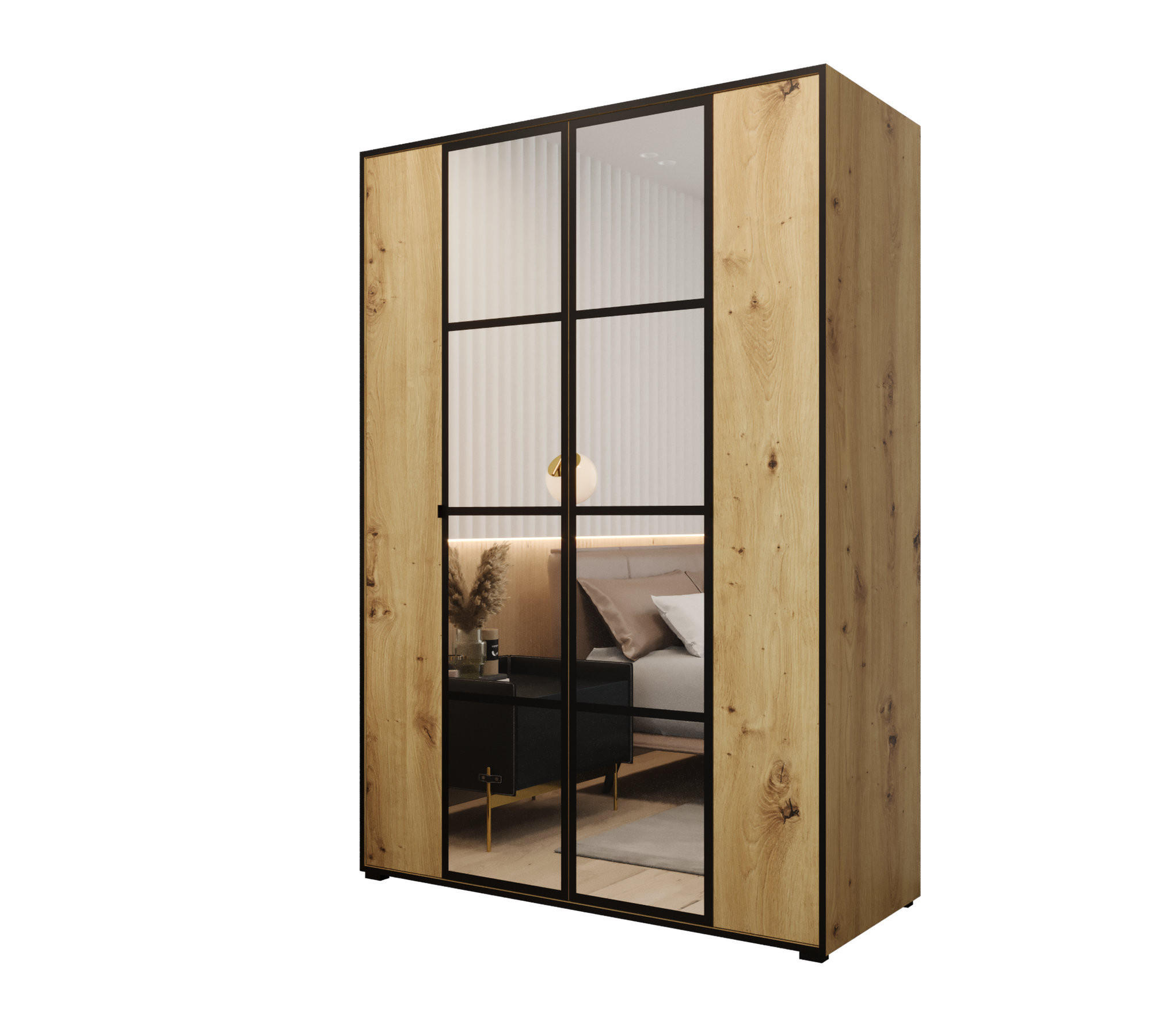 DREHTÜRENSCHRANK MODENA 150, 4-türig Kleiderschrank mit 2 Spiegel, Moderne Garderobe, Schrank in Größe: 150 x 206 x 65 cm - Schwarz/Braun, Holzwerkstoff (150/206/65cm) - O-Sofa