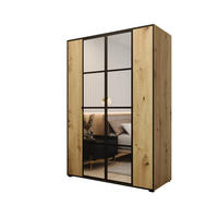 DREHTÜRENSCHRANK MODENA 150, 4-türig Kleiderschrank mit 2 Spiegel, Moderne Garderobe, Schrank in Größe: 150 x 206 x 65 cm - Schwarz/Braun, Holzwerkstoff (150/206/65cm) - O-Sofa