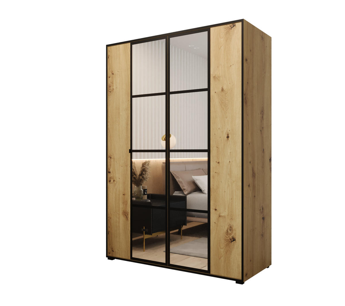 DREHTÜRENSCHRANK MODENA 150, 4-türig Kleiderschrank mit 2 Spiegel, Moderne Garderobe, Schrank in Größe: 150 x 206 x 65 cm - Schwarz/Braun, Holzwerkstoff (150/206/65cm) - O-Sofa