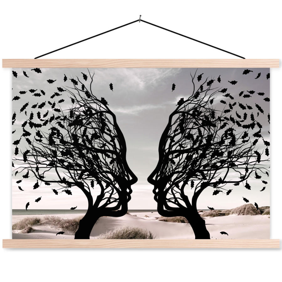 POSTER Strand - Meer - Menschen - Baum - Moderne Kunst 90x60 cm - Hellgrau, Textil (90/60/0.15cm) - MuchoWow