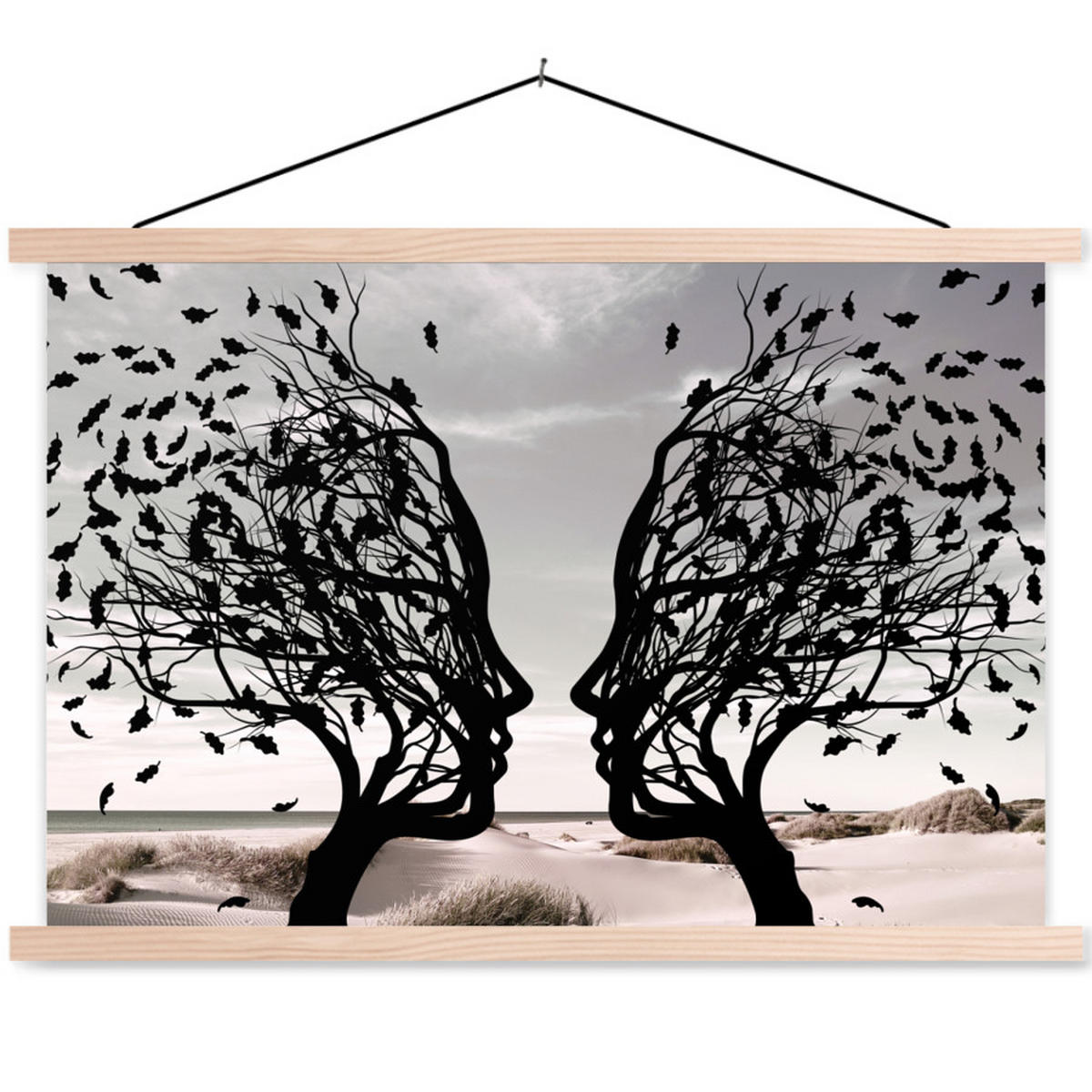 POSTER Strand - Meer - Menschen - Baum - Moderne Kunst 90x60 cm - Hellgrau, Textil (90/60/0.15cm) - MuchoWow