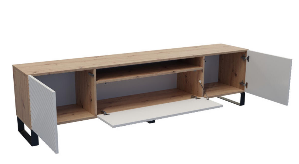 TV-SCHRANK Weiß Nikol Frezierte Fronten Metallbeine 200 cm - Weiß/Eiche Artisan, Holzwerkstoff (200/53/41cm) - Sepro Meble