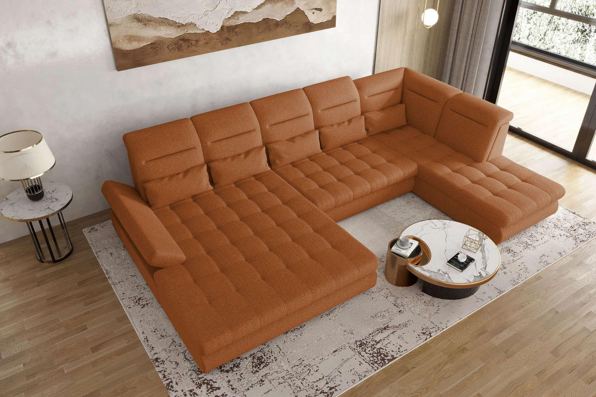 WOHNLANDSCHAFT Toscana Strukturstoff inkl. Schlaffunktion - Rostfarben, Textil (208/87/358cm) - 99rooms