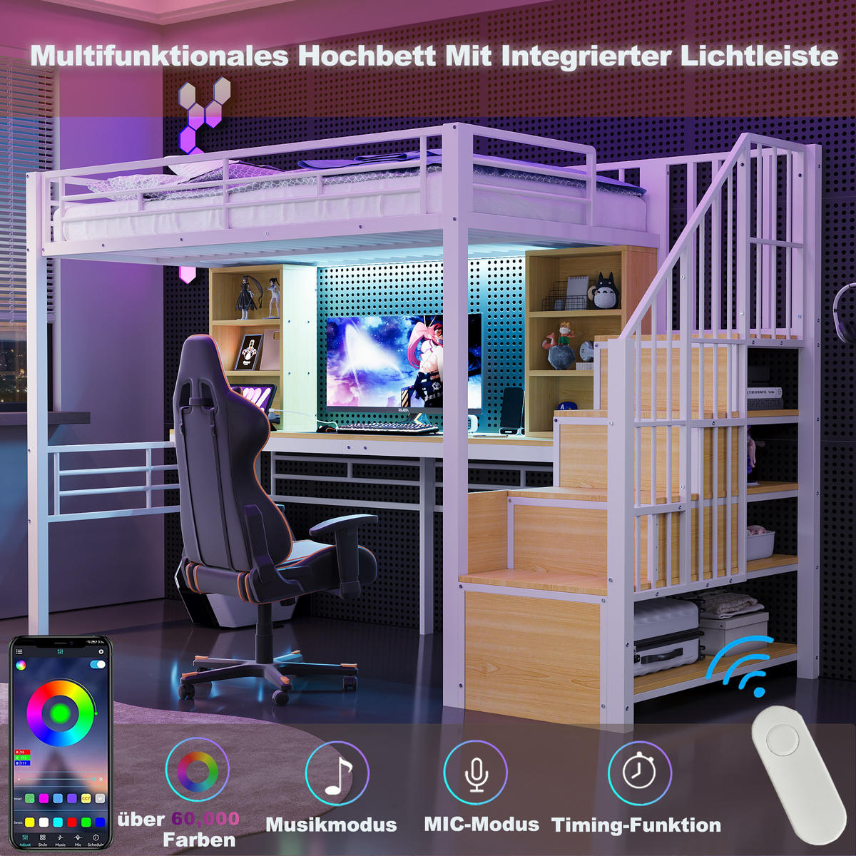 HOCHBETT 90/200 cm in Weiß mit Stauraumtreppe, Schreibtisch, LED und Steckdose - Weiß, Holzwerkstoff/Metall (90/200cm) - STILVORA