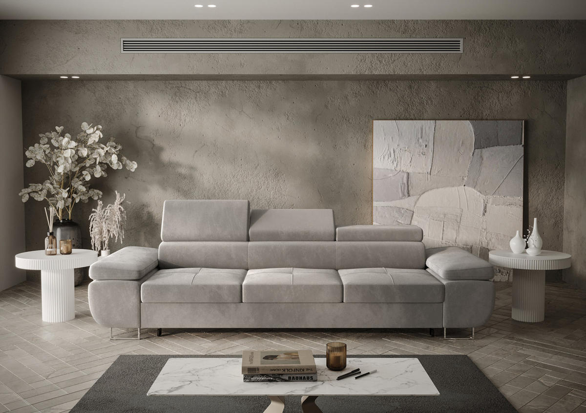 SCHLAFSOFA PRAGA 3, Sofa mit Schlaffunktion, Farbe: Hellgrau, Velourstoff - Hellgrau, Textil (276/90/100cm) - O-Sofa